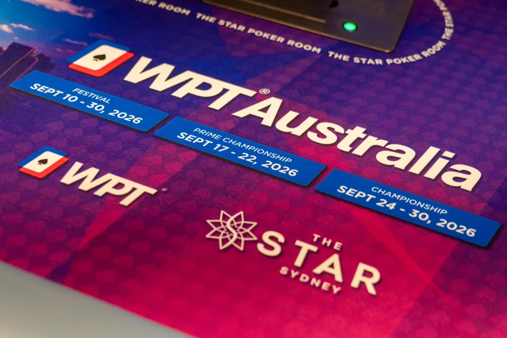 WPT® Australia signage at The Star Sydney lists festival dates, including the Championship on September 24–30, 2026.