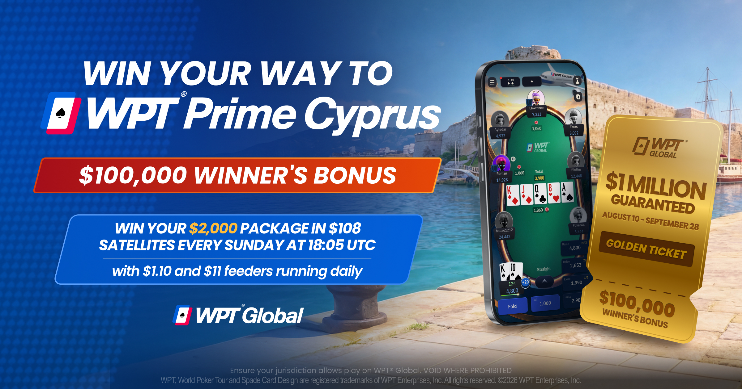 Win Your $100K Golden Ticket to WPT® Prime Cyprus — From $1.10