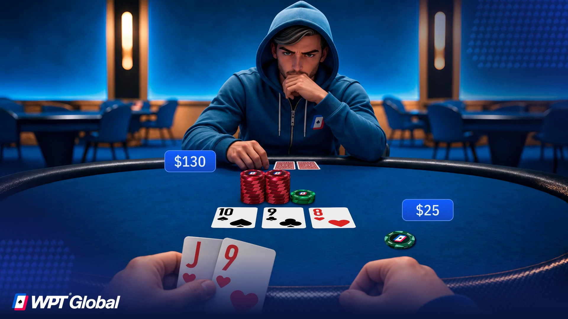 J♥9♥ on 10♠ 9♣ 8♥, with a $25 bet and $130 behind.
