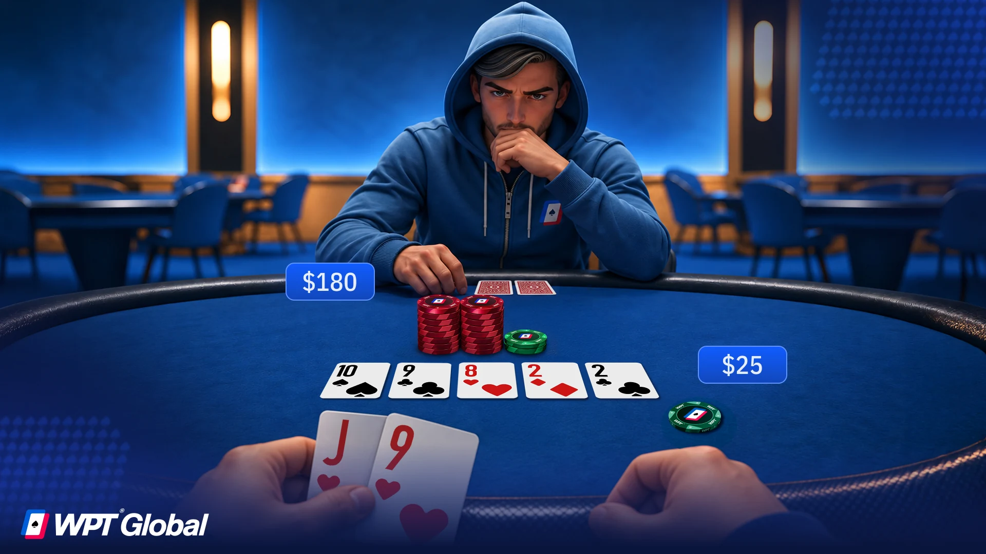 J♥9♥ on 10♠ 9♣ 8♥ 2♦ 2♣, with a $25 bet and $180 behind.