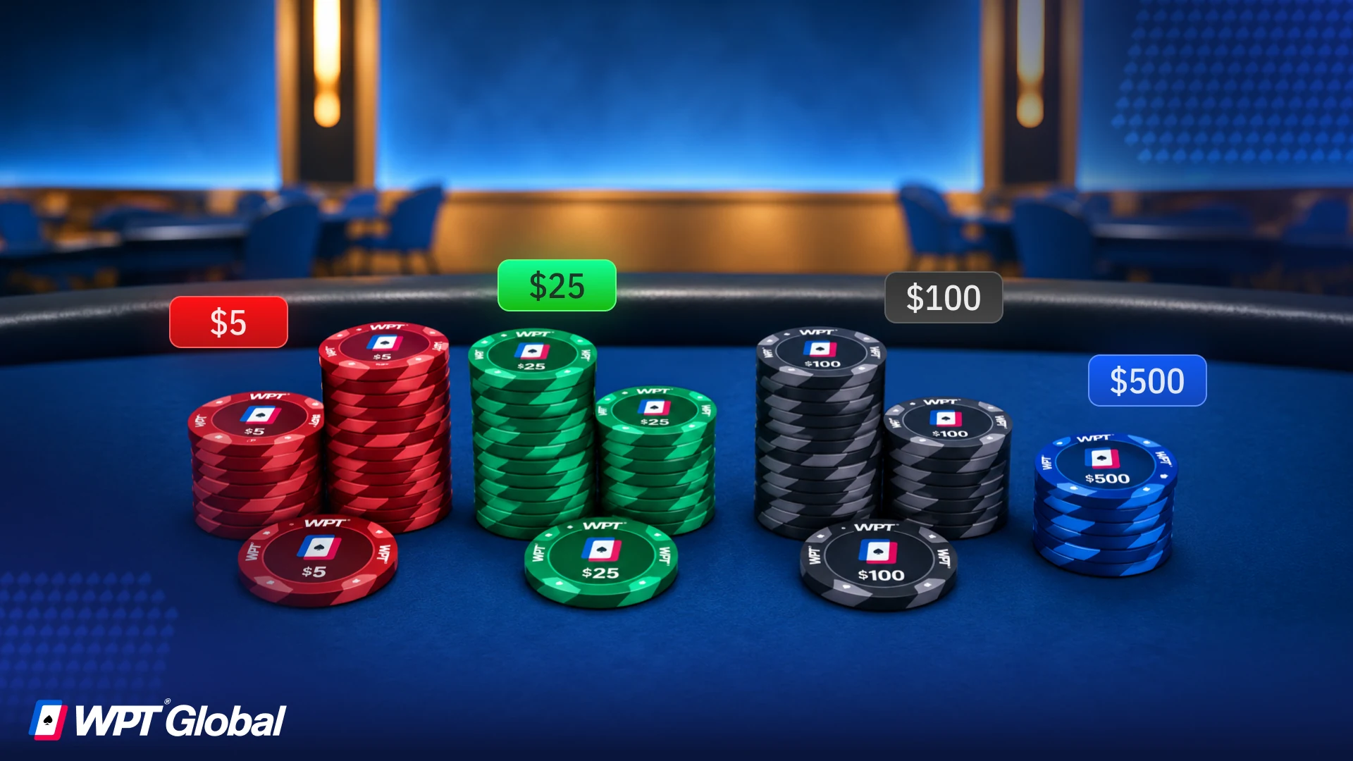 Poker chip denominations — $5, $25, $100 and $500, presented as stacks.