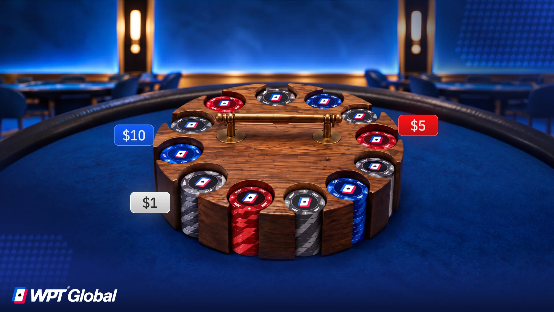 A chip rack/tray showing $1, $5 and $10 denominations.