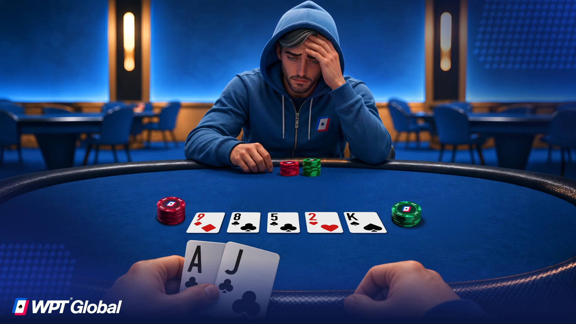 Poker player reacting as the river card bricks and misses their draw.