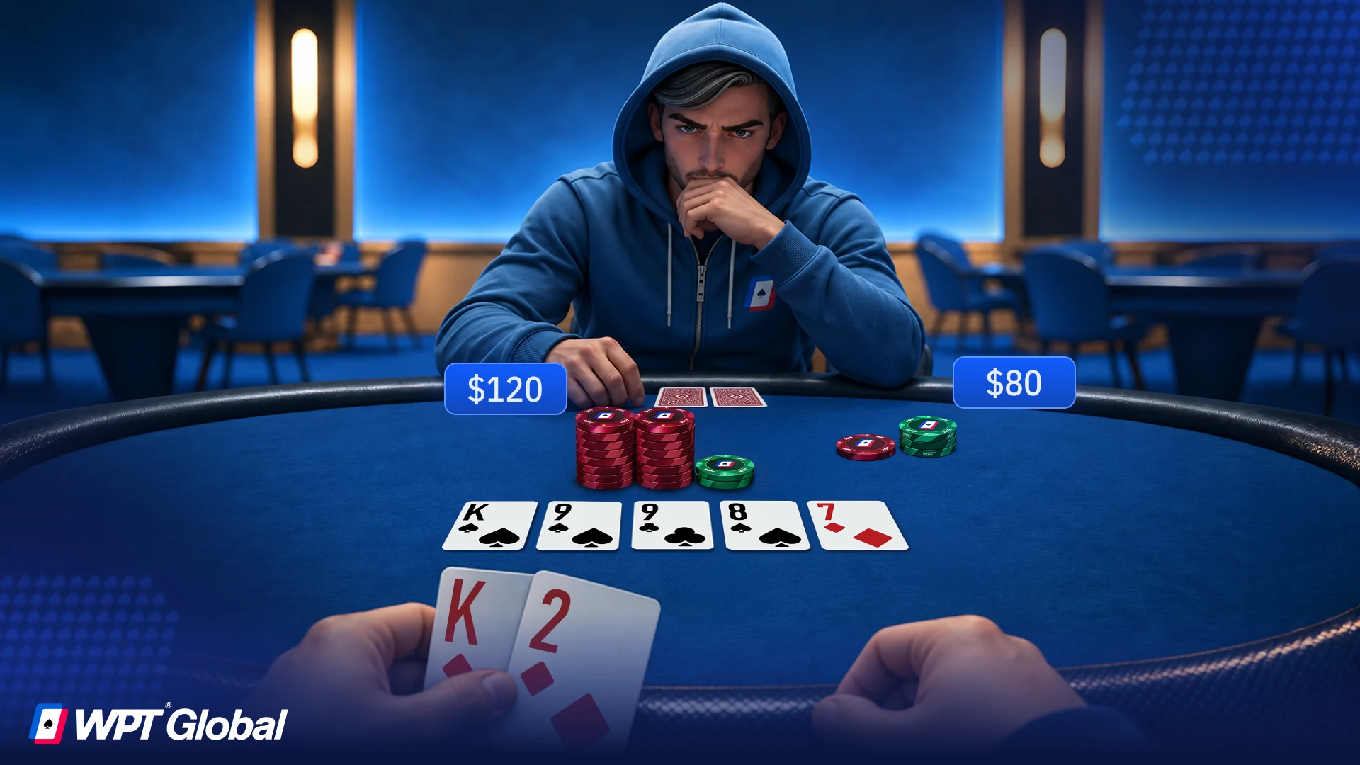 Poker player deciding whether to call with a bluff catcher hand.