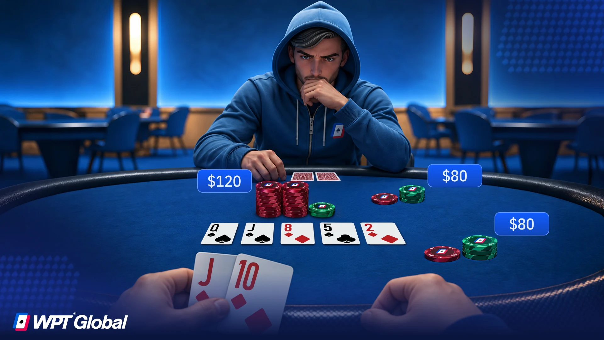 Player calling a river bet with a bluff catcher after missed draws.
