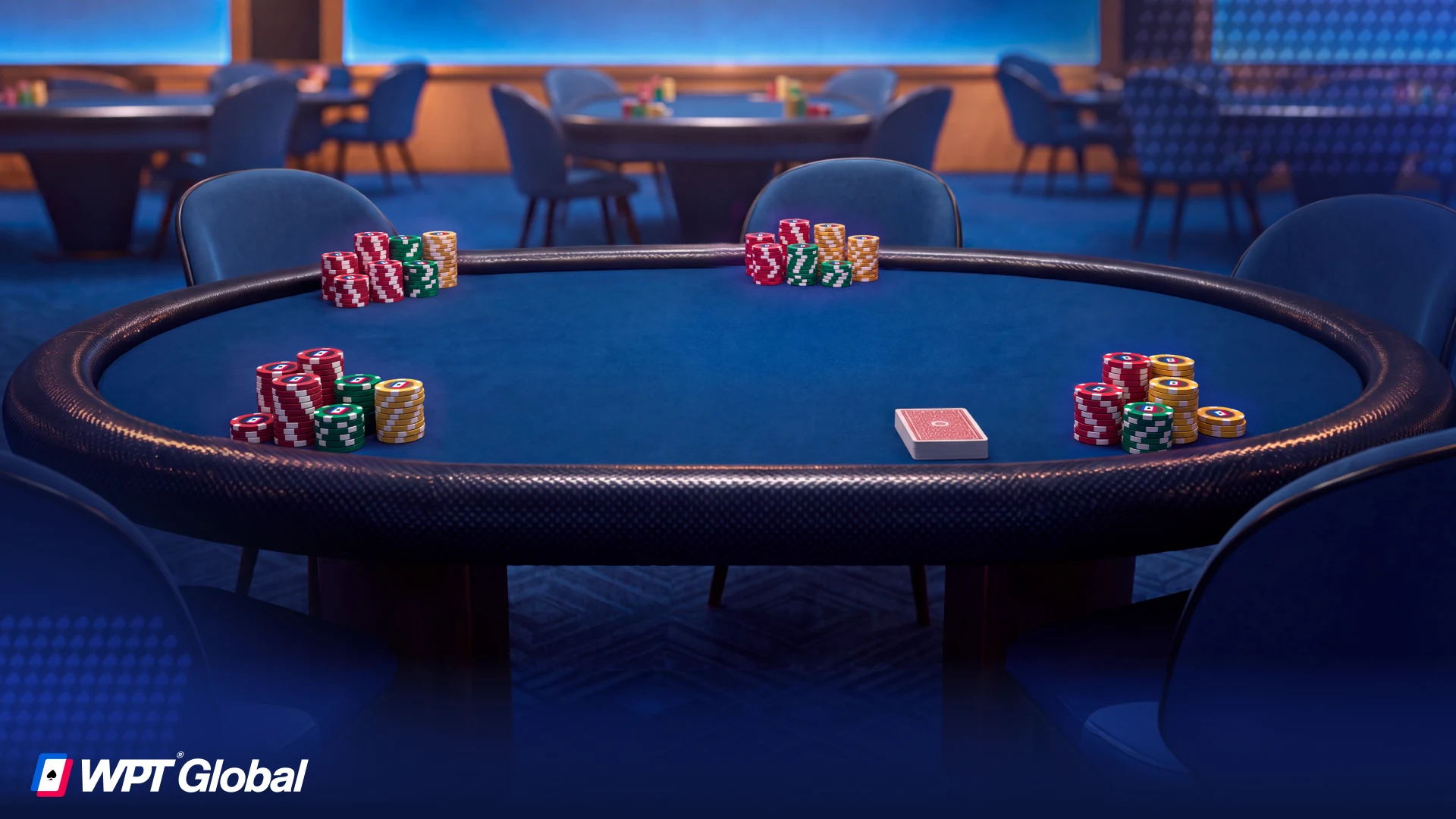 Poker tournament room during a scheduled break with empty seats and chip stacks left on tables.