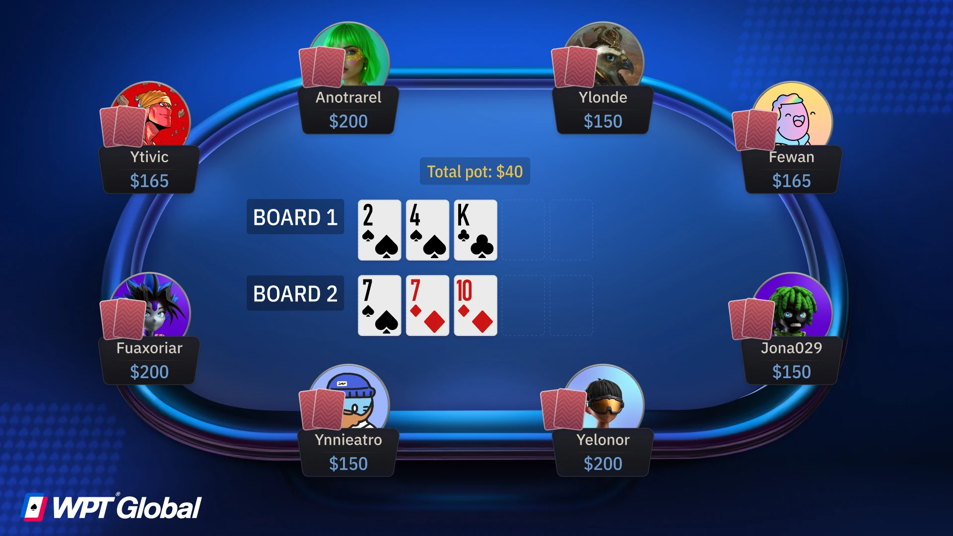 Double-board bomb pot showing two sets of community cards in play.