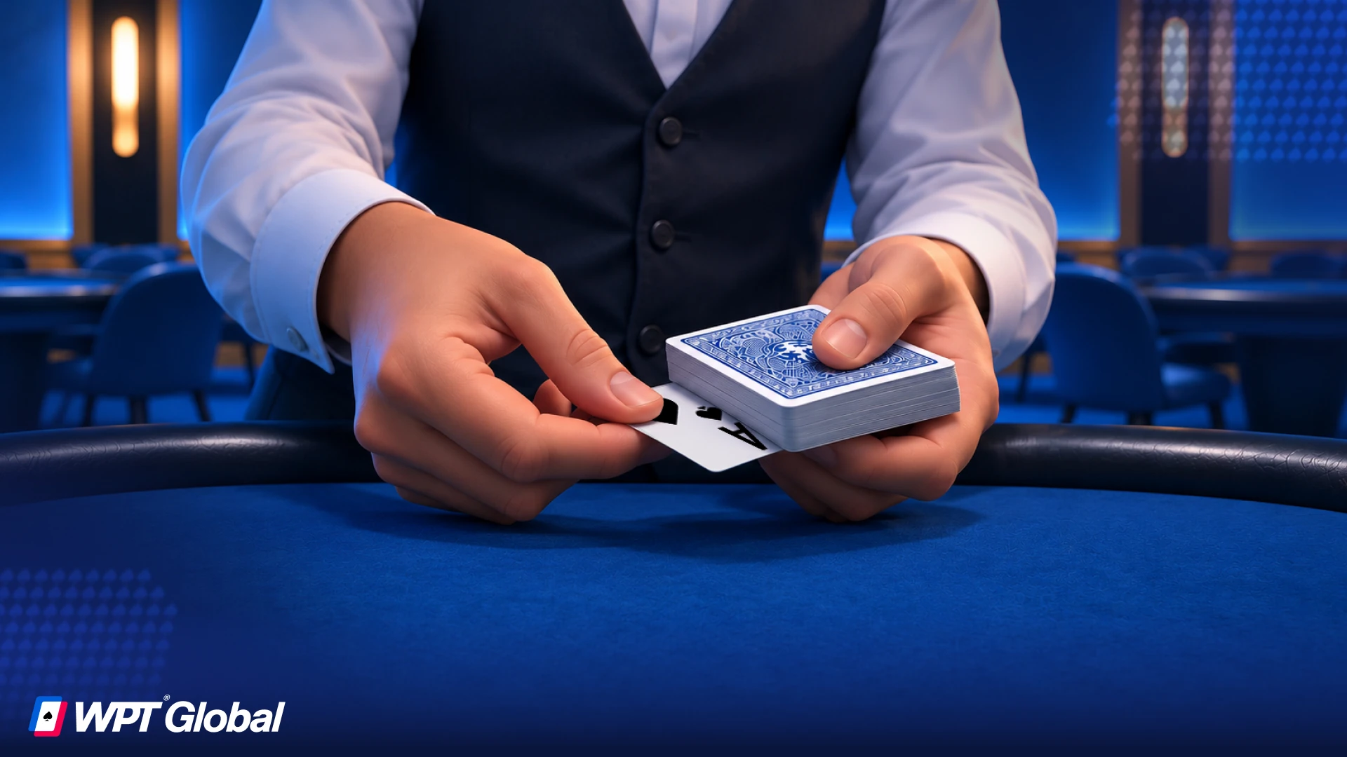 Dealer performing bottom dealing by sliding a card from the bottom of the deck.