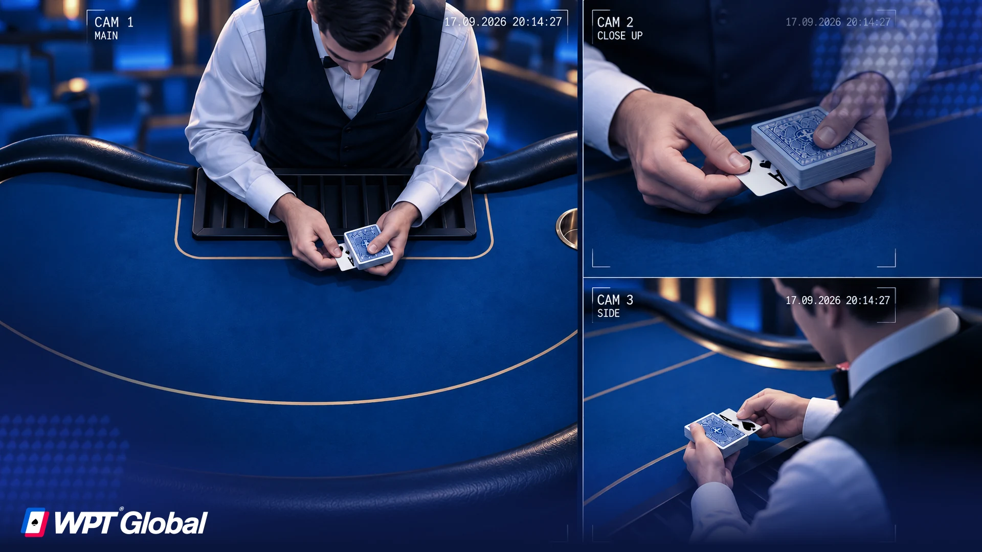 Overhead casino camera monitoring a poker dealer for irregular dealing.