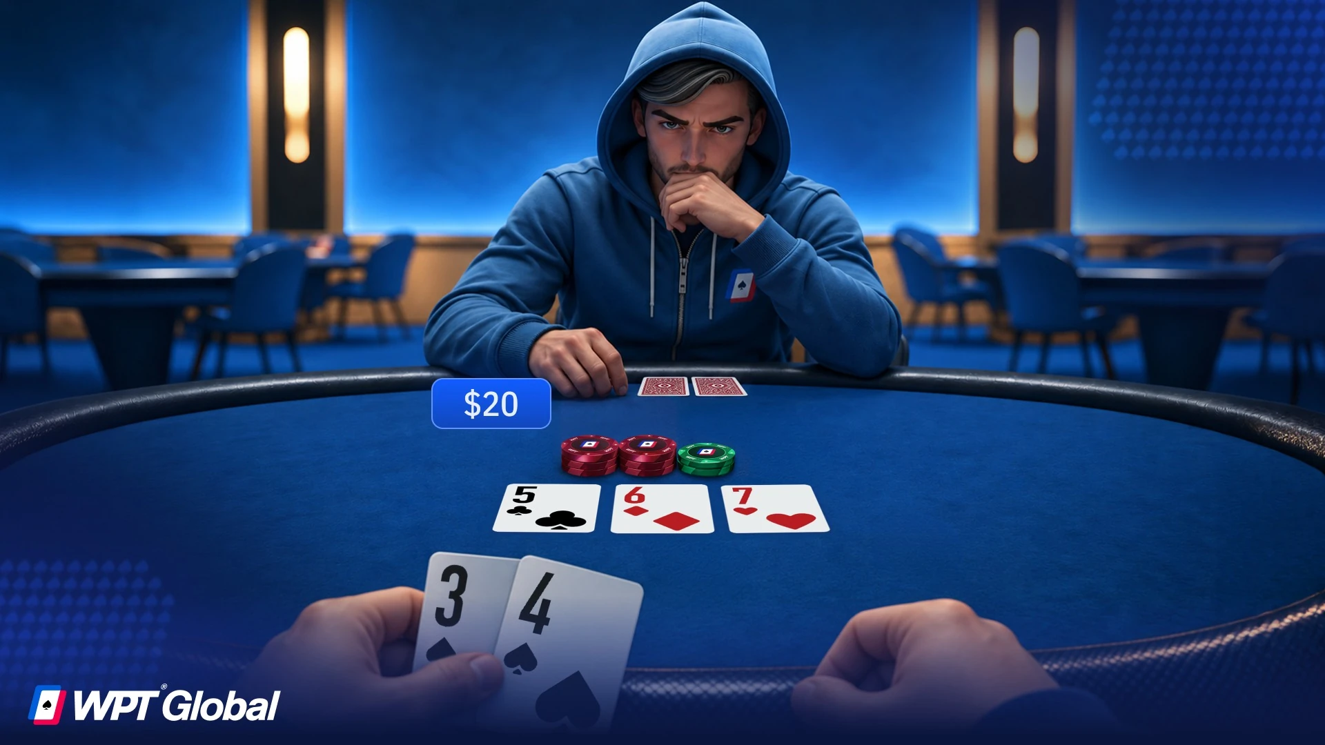 Poker player holding 3-4 on a 5-6-7 board for the bottom end of the straight.