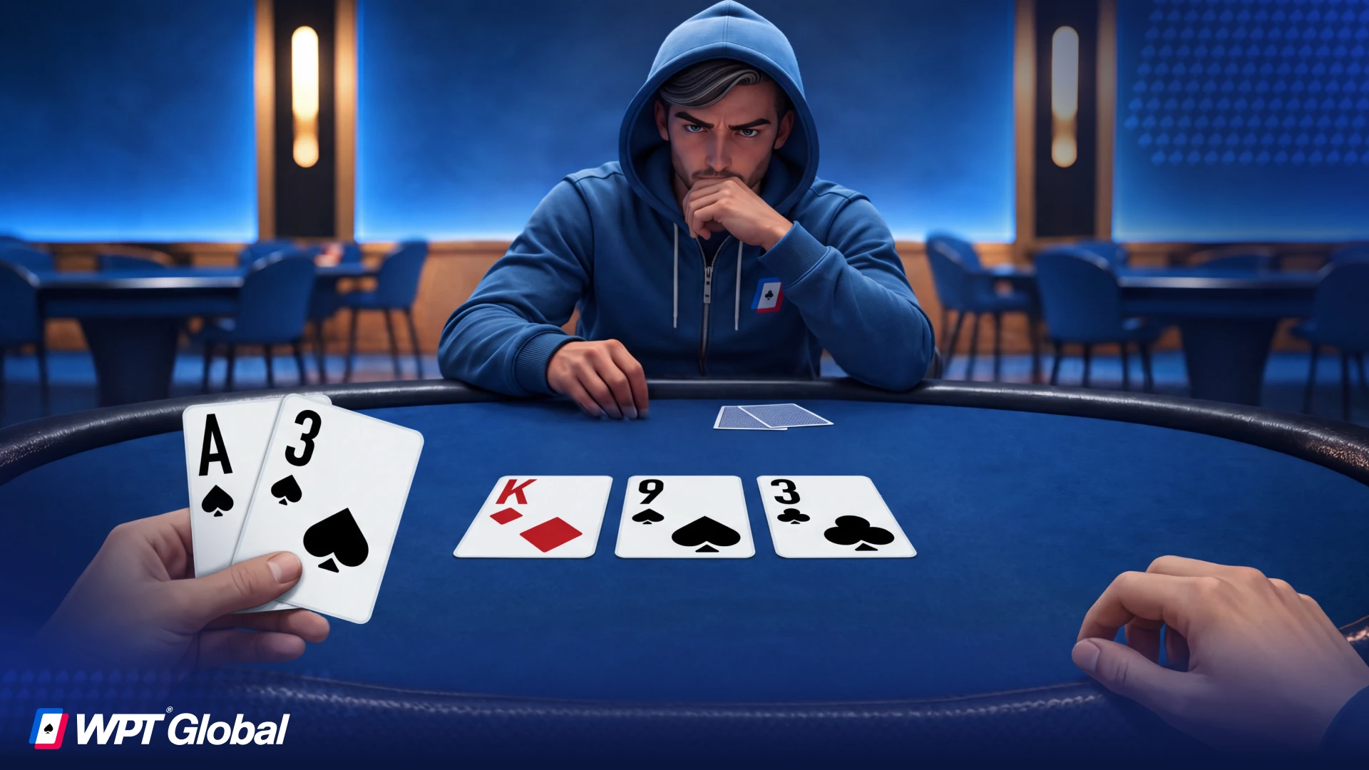 Poker hand showing bottom pair formed with the lowest card on the board.