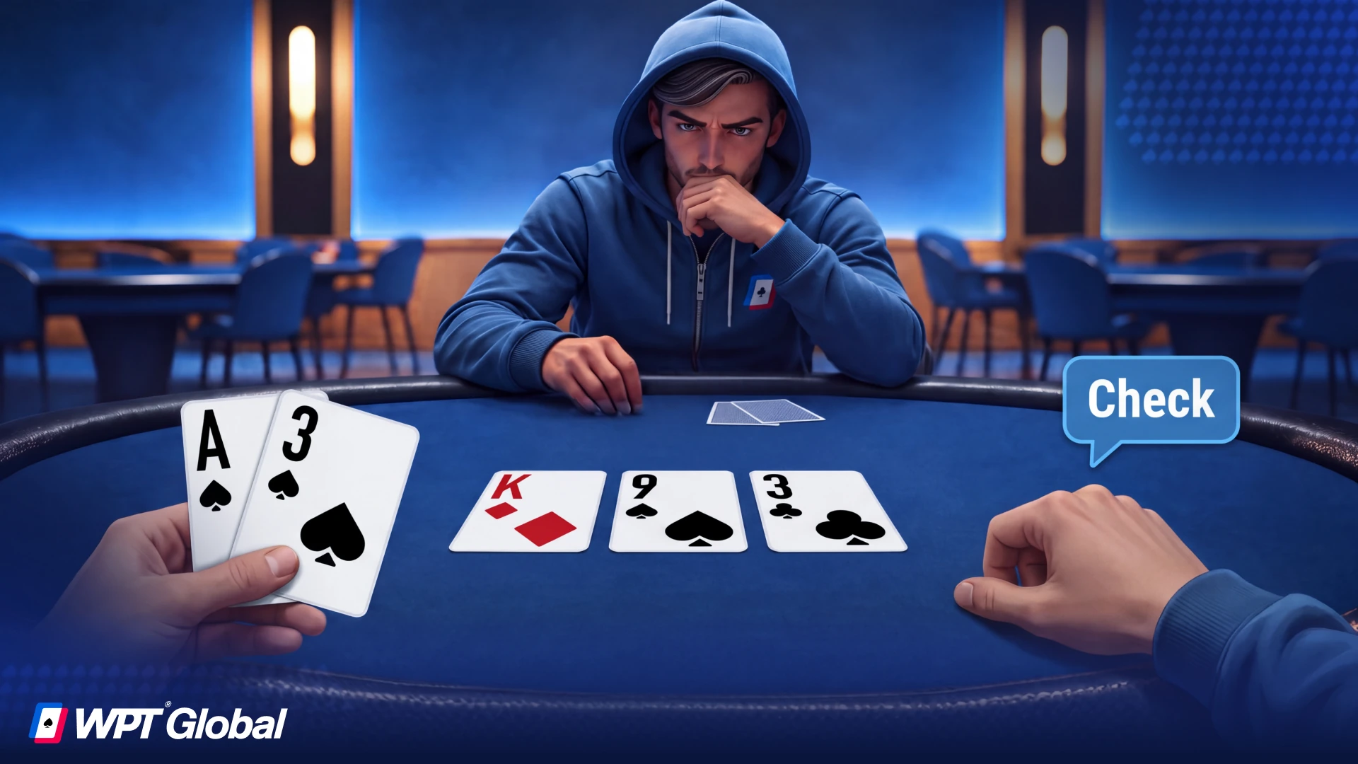 Poker player playing cautiously with bottom pair on the flop.