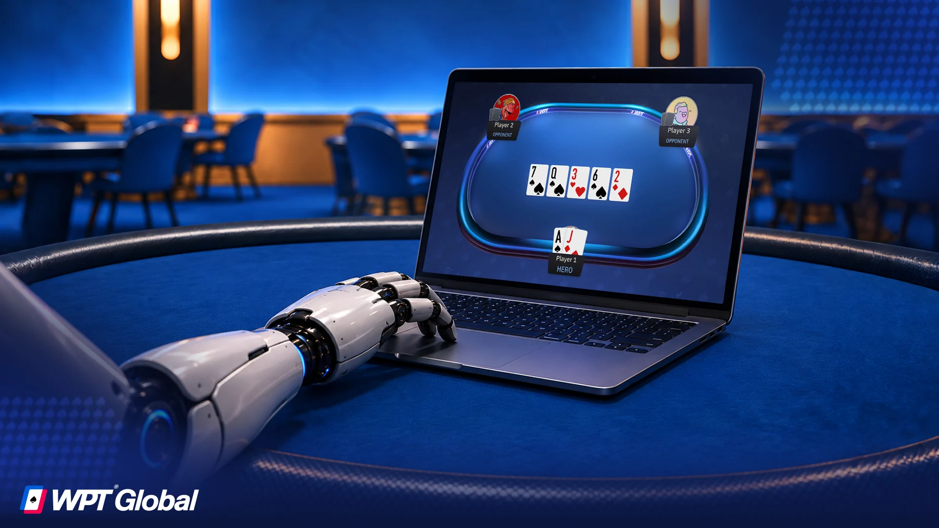 Robot hand typing on laptop to represent a poker bot playing online.